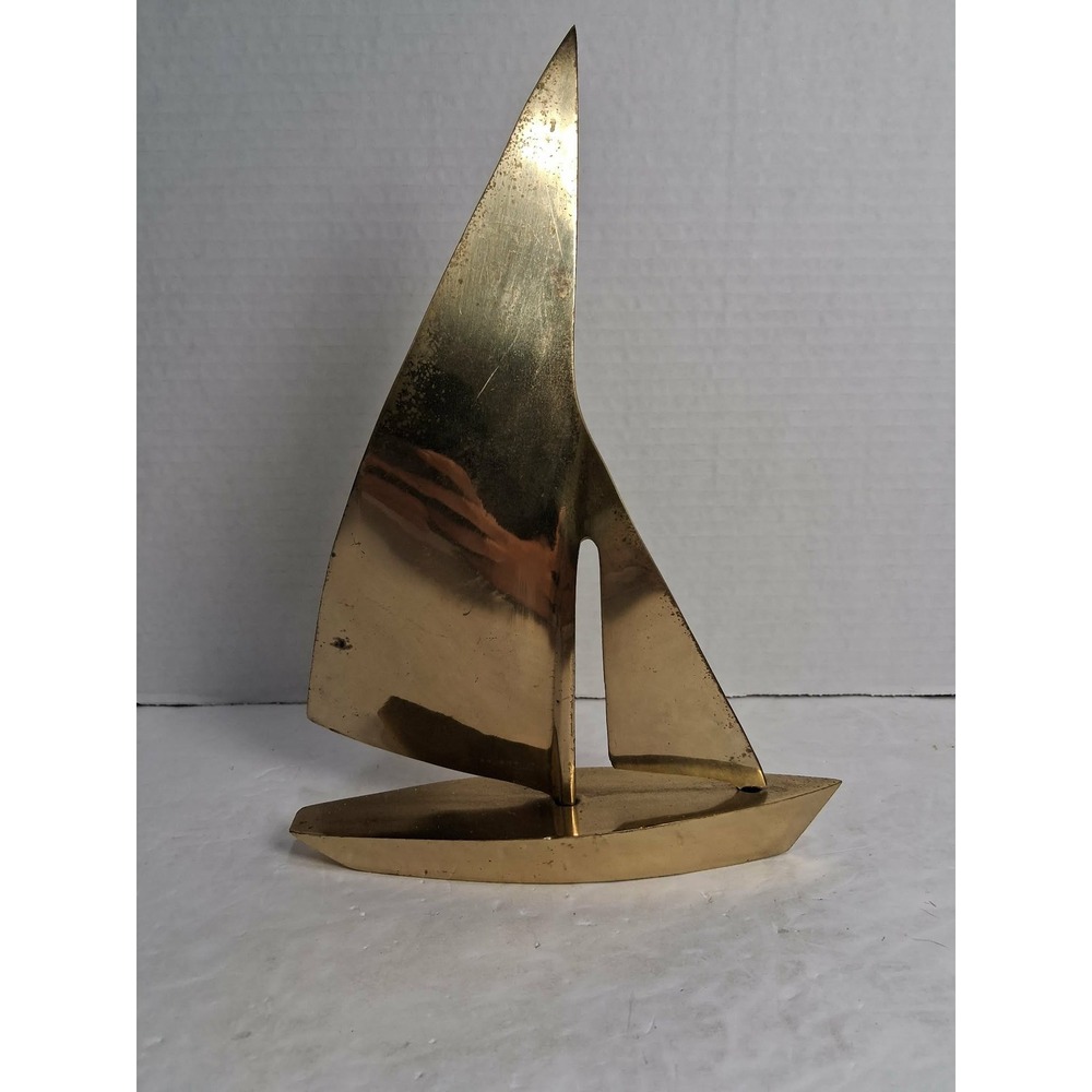 Vtg Solid Brass Sailboat Sculpture 9.5 in Desk Shelf Decor Nautical Ornament MCM